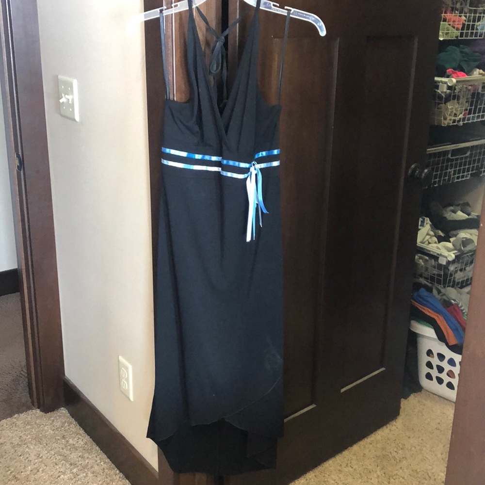 Halter black dress with blue ribbons